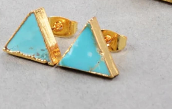 Turquoise Genuine Gemstone Triangle 14k Gold Plate Earrings