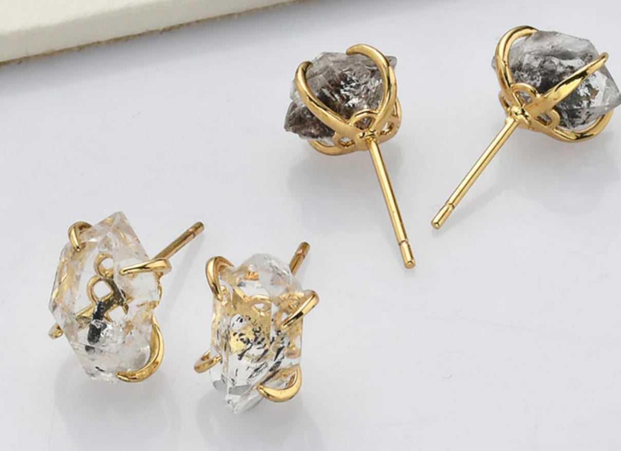 Gemstone Herkimer Diamond 14k Gold Plate Stud Earrings